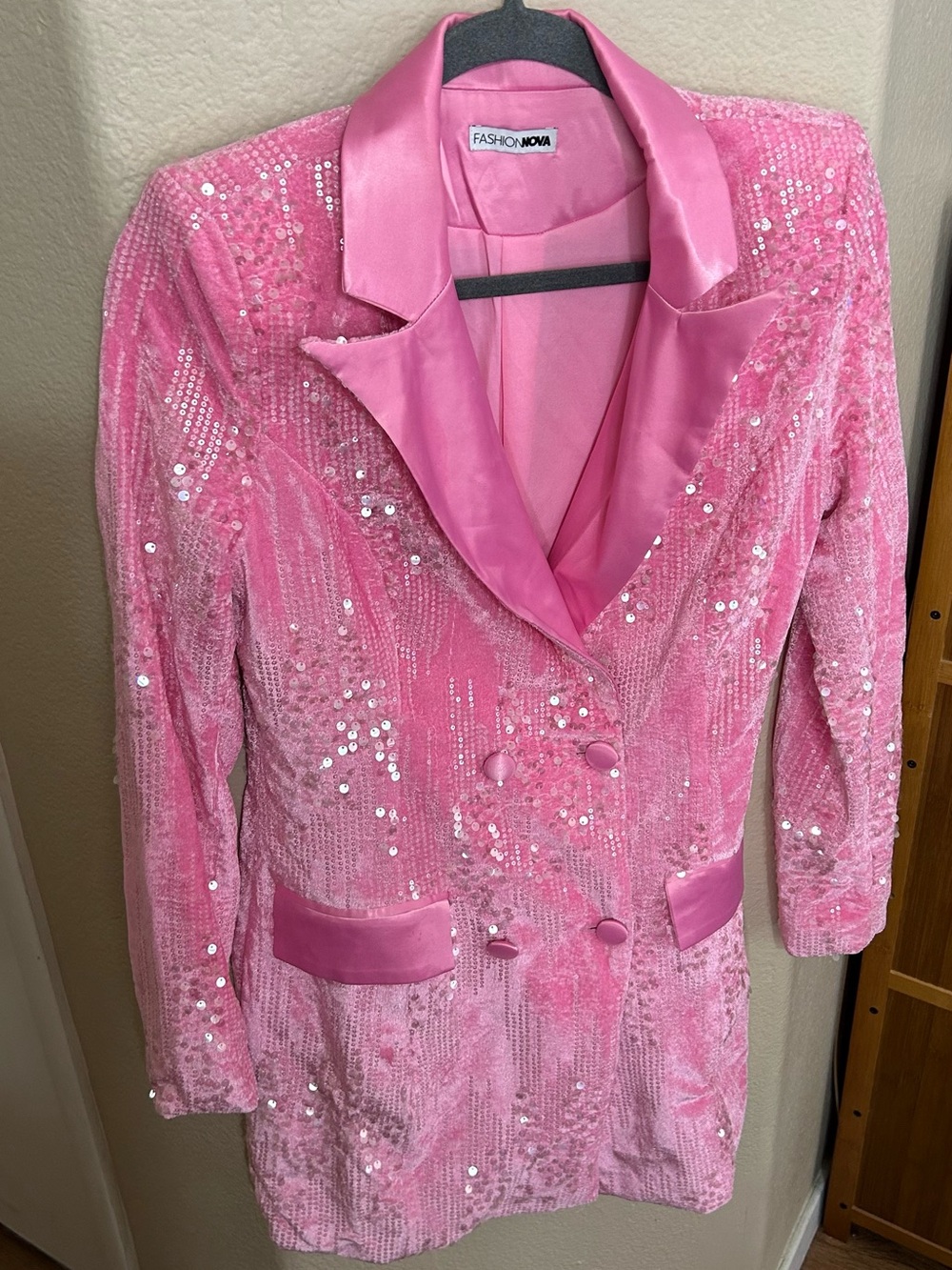 Fashion Nova Pink Sequin Double-Breasted Blazer